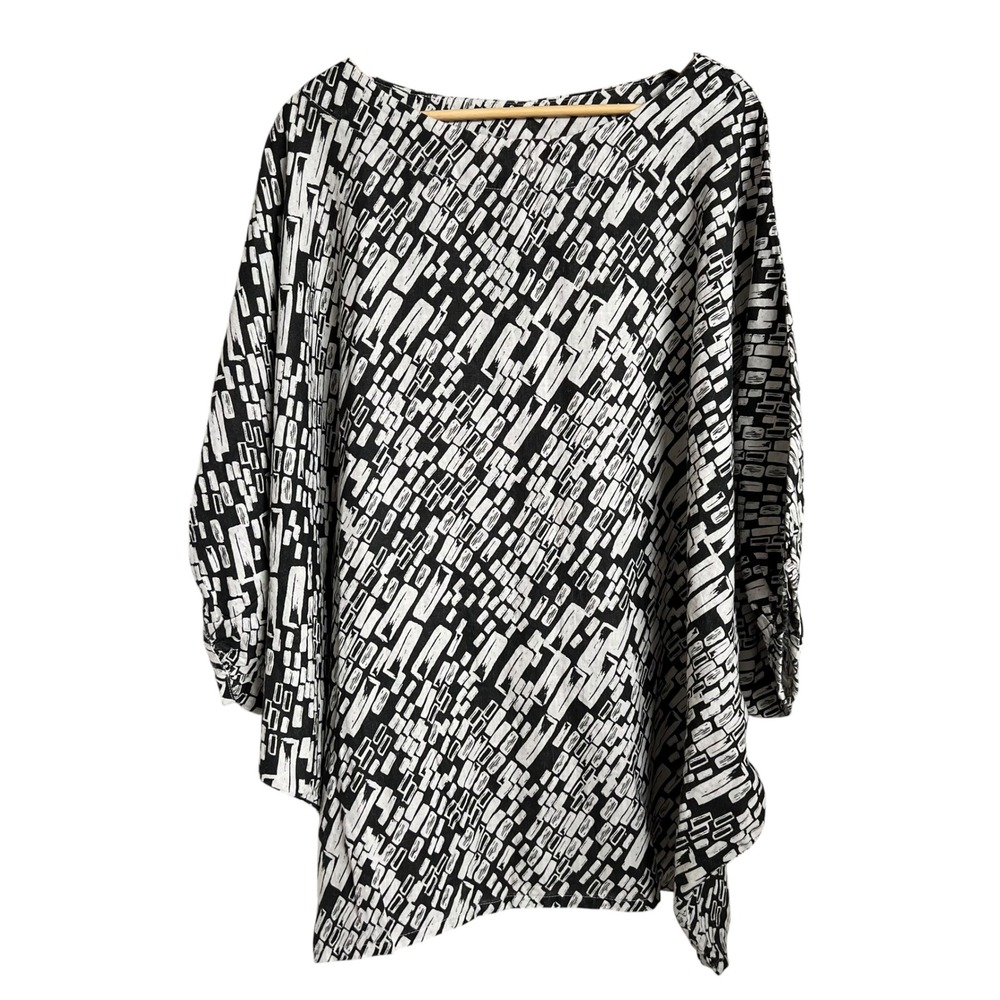 Bryn Walker Wilder 100% Linen Black Geometric Batwing Tunic Top SZ XL Lagenlook